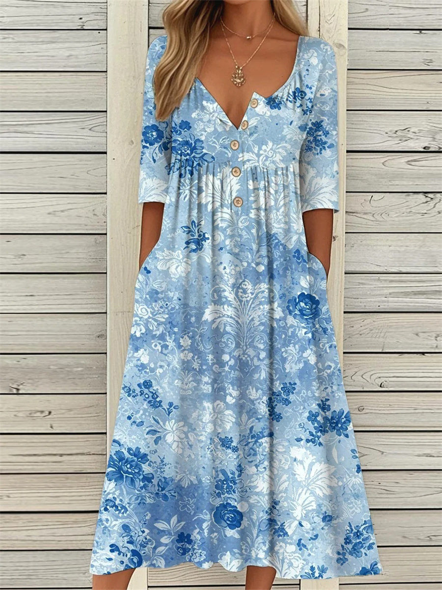 LilyWish Floral Print Half Sleeve Pockets Loose Maxi Dress