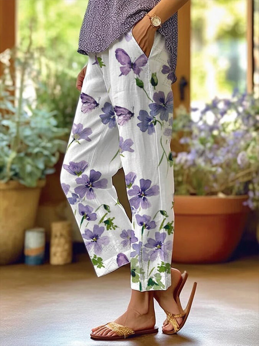 LilyWish Retro Art Butterfly Flowers Print Pockets Casual Pants