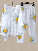 White Casual V Neck Sunflower Printed Daily Two Piece Suit