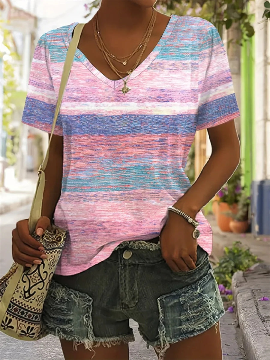 LilyWish Casual Striped V-neck Short Sleeve T-Shirt