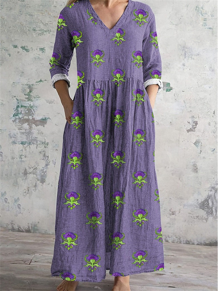 LilyWish Floral Printed V-Neck Long Sleeve Vintage Comfy Maxi Dress