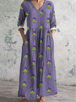 LilyWish Floral Printed V-Neck Long Sleeve Vintage Comfy Maxi Dress