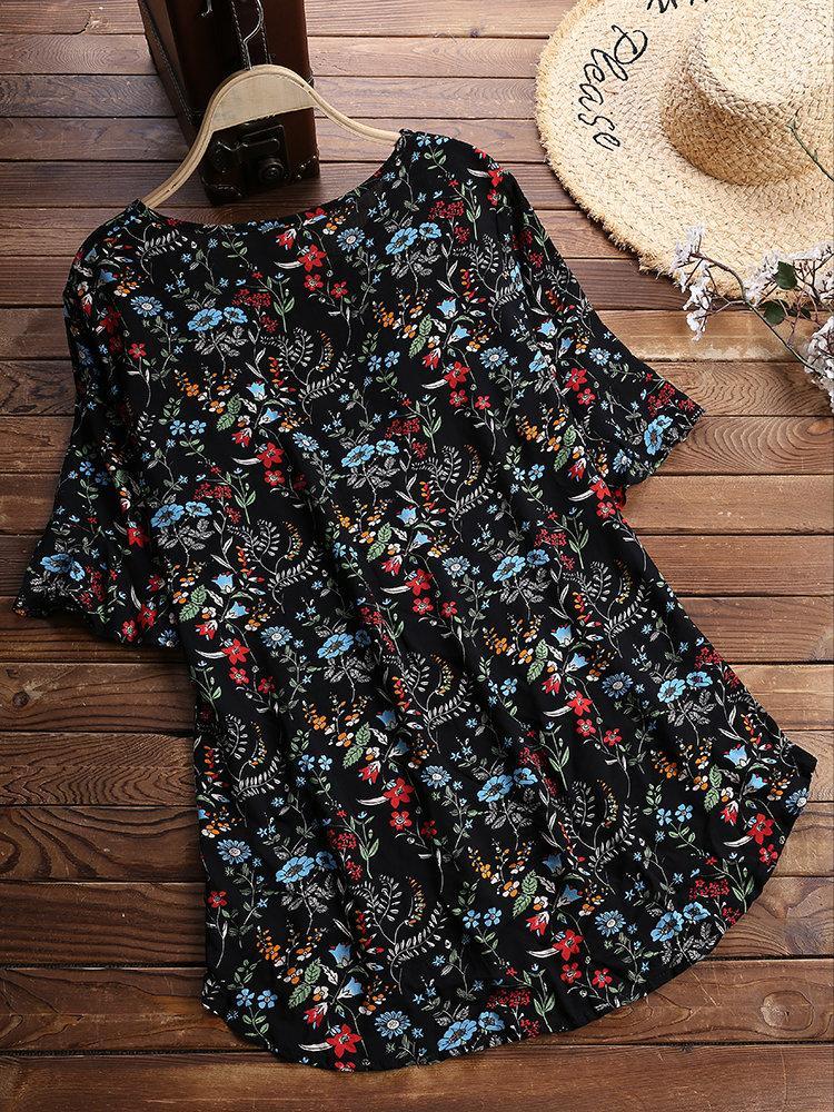 LilyWish Vintage Print Floral Short Sleeve Crew Neck Blouse