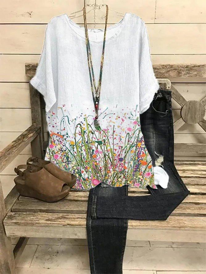 LilyWish Crew Neck Casual Floral Print Short Sleeve Blouse