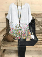 LilyWish Crew Neck Casual Floral Print Short Sleeve Blouse