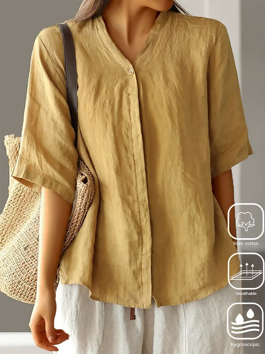 Yellow Plain Casual V Neck Blouse