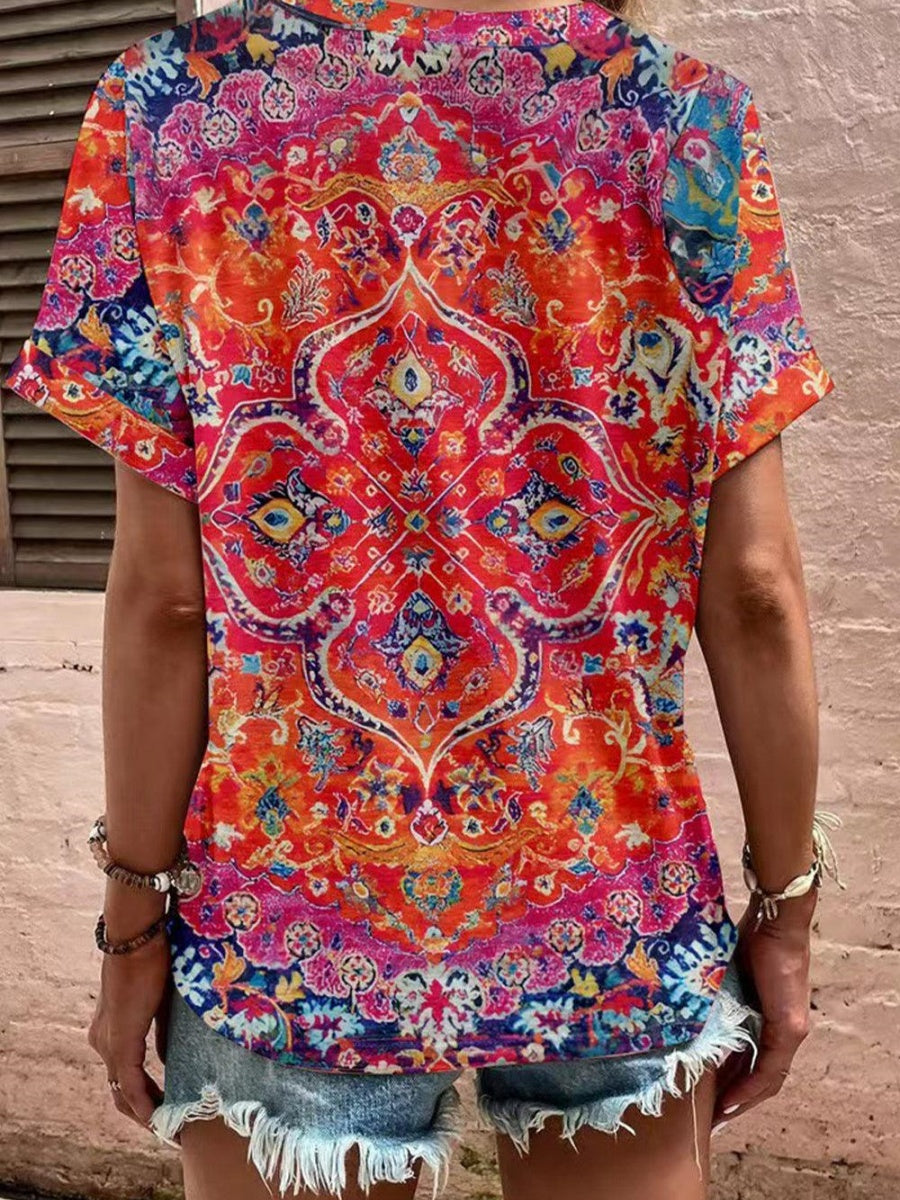 LilyWish V neck Short Sleeve Button Floral T-Shirt