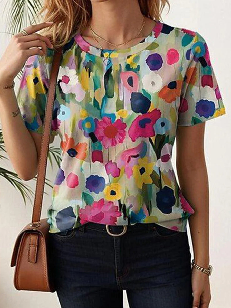 LilyWish Elegant Floral Print Round Neck Short Sleeve Top