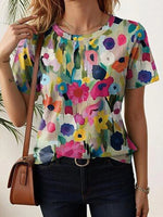 LilyWish Elegant Floral Print Round Neck Short Sleeve Top