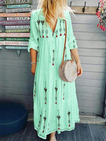 Three Quarter Sleeve Ankle Length Print High Waist Pullover Maxi Dress