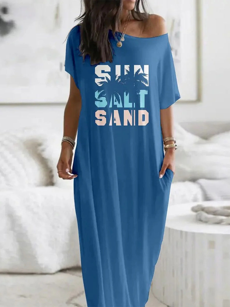 LilyWish Unique Letter Print Short Sleeve Side Pocket Maxi Dress