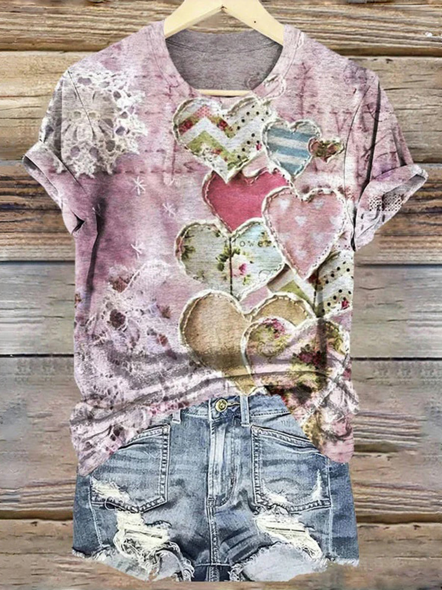LilyWish Heart Print Casual Round Neck Short Sleeve T-Shirt