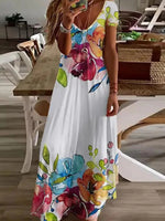 Elegant Floral Print V-Neck Short Sleeve Maxi Dress
