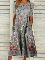 LilyWish Loose Casual Floral Embroidery Printing Crew Neck Dress