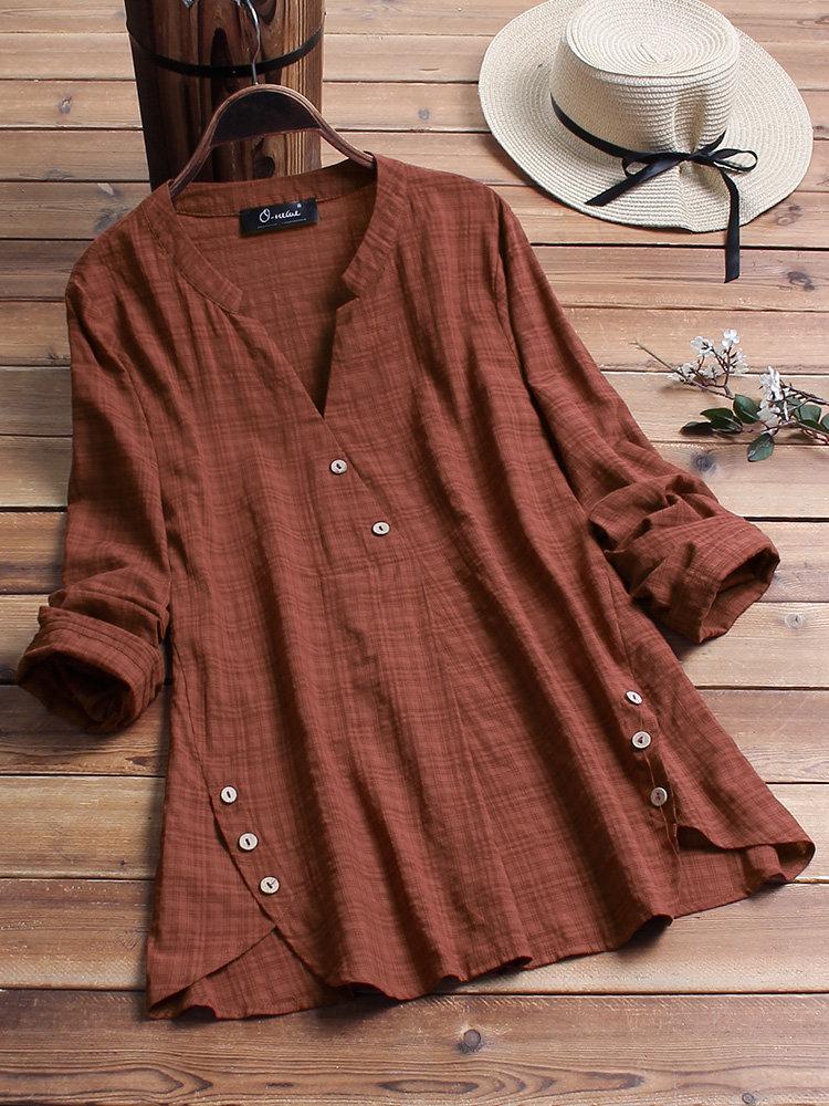 LilyWish Vintage Plaid Side Button V-neck Long Sleeve Blouse