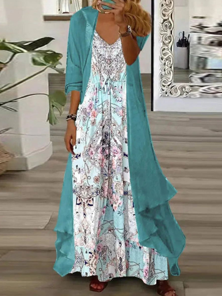 LilyWish Chic Green Maxi Dress With Outerwear