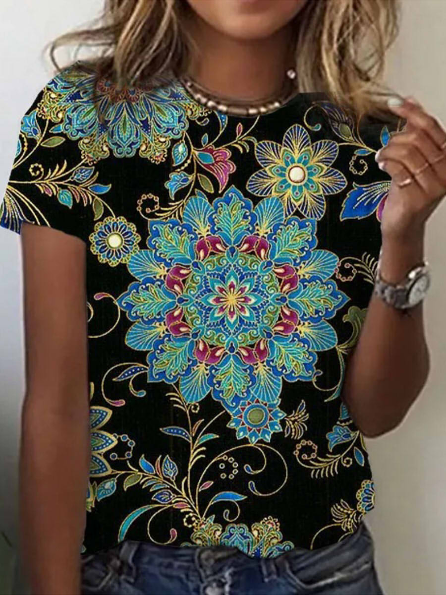 LilyWish Casual Round Neck Short Sleeve Floral Print T-shirt