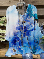 Blue Casual Round Neck Floral Printed Long Sleeve Blouse