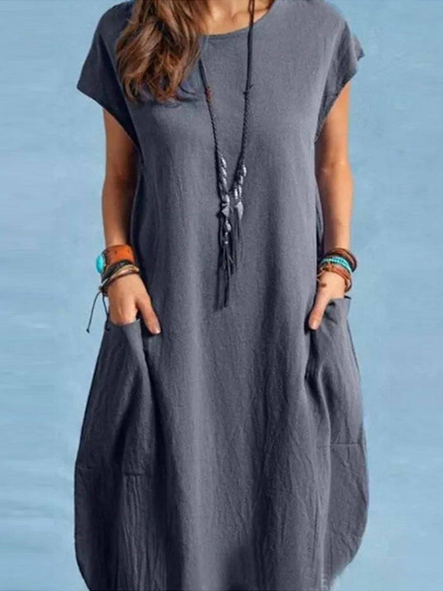 Casual Crew Neck Short Sleeve Pocket Cotton Midi Dress