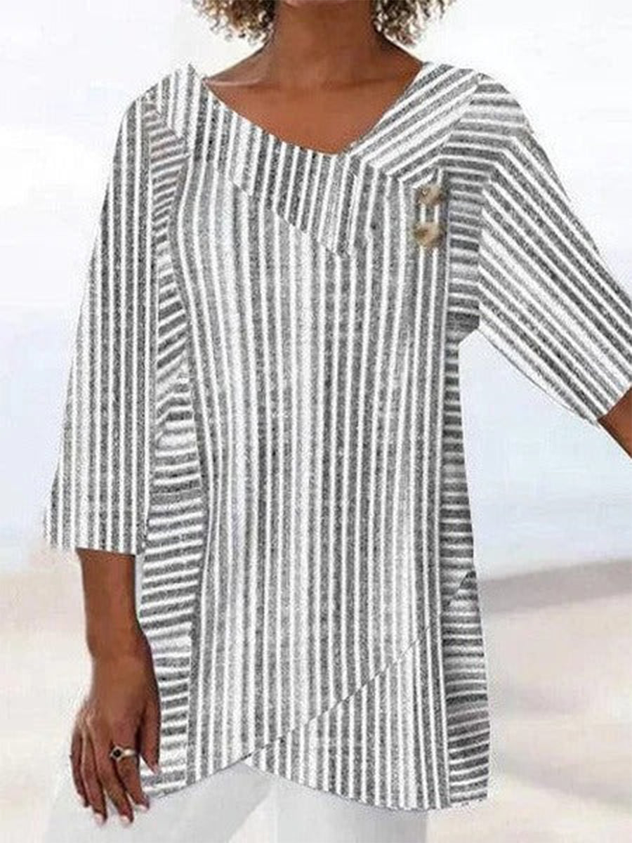 LilyWish White Striped Asymmetrical Neck 3/4 Sleeves Blouse