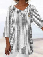 LilyWish White Striped Asymmetrical Neck 3/4 Sleeves Blouse