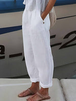 Women's White Cotton Elastic Waist Pants with Pockets