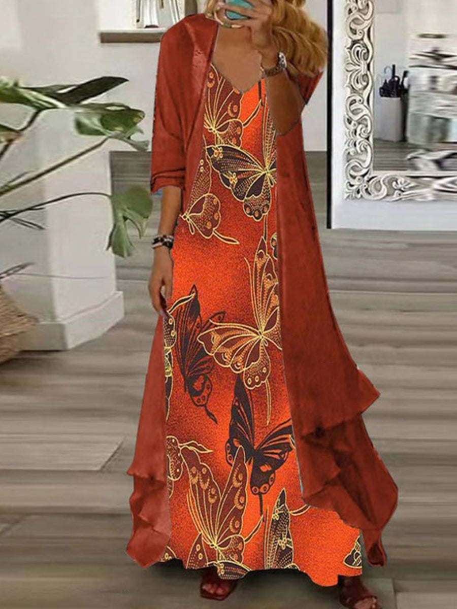 LilyWish Orange Print Maxi Dress With Outerwear