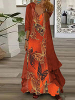 LilyWish Orange Print Maxi Dress With Outerwear
