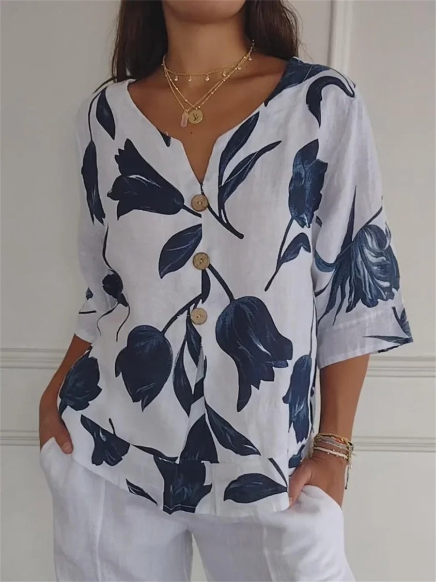 LilyWish Casual White Floral Buttoned V-Neck Top