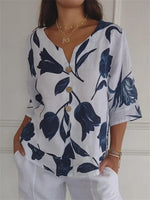 LilyWish Casual White Floral Buttoned V-Neck Top