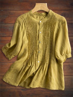Women’s Pleated Front Button Up Puff Sleeve Loose Fit Blouse