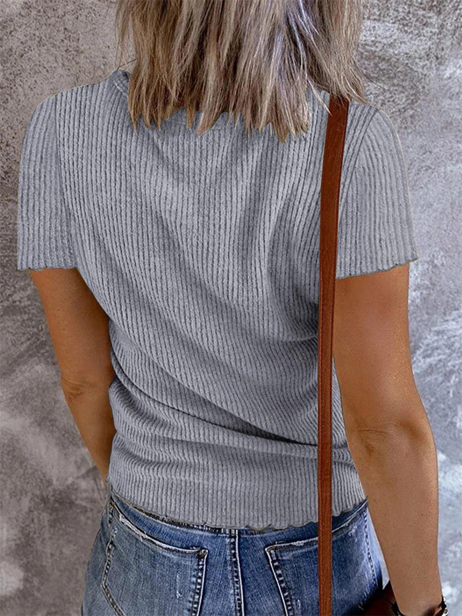 Women’s Ribbed V Neck Henley Short Sleeve Slim Fit Casual Knit Top
