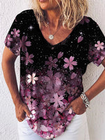 Black Casual V-neck Short Sleeve Floral Printed Blouse