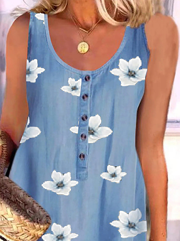 Blue Casual Round Neck Sleeveless Floral Printed Dresses