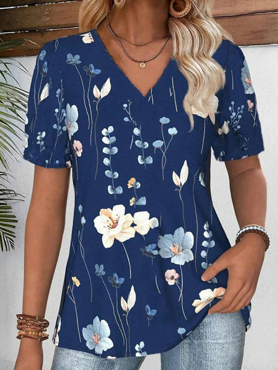 LilyWish Vintage Floral Print V-neck Short Sleeve T-Shirt
