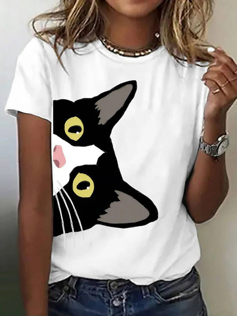 Casual Cat Print Round Neck Short Sleeve T-Shirt