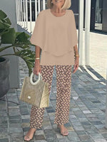 Stylish Khaki Round Neck 3/4 Sleeve Two Piece Set