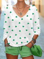 Shamrock Print V-neck Long Sleeve T-Shirt