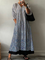 Vintage V Neck Long Sleeve Casual Maxi Dress