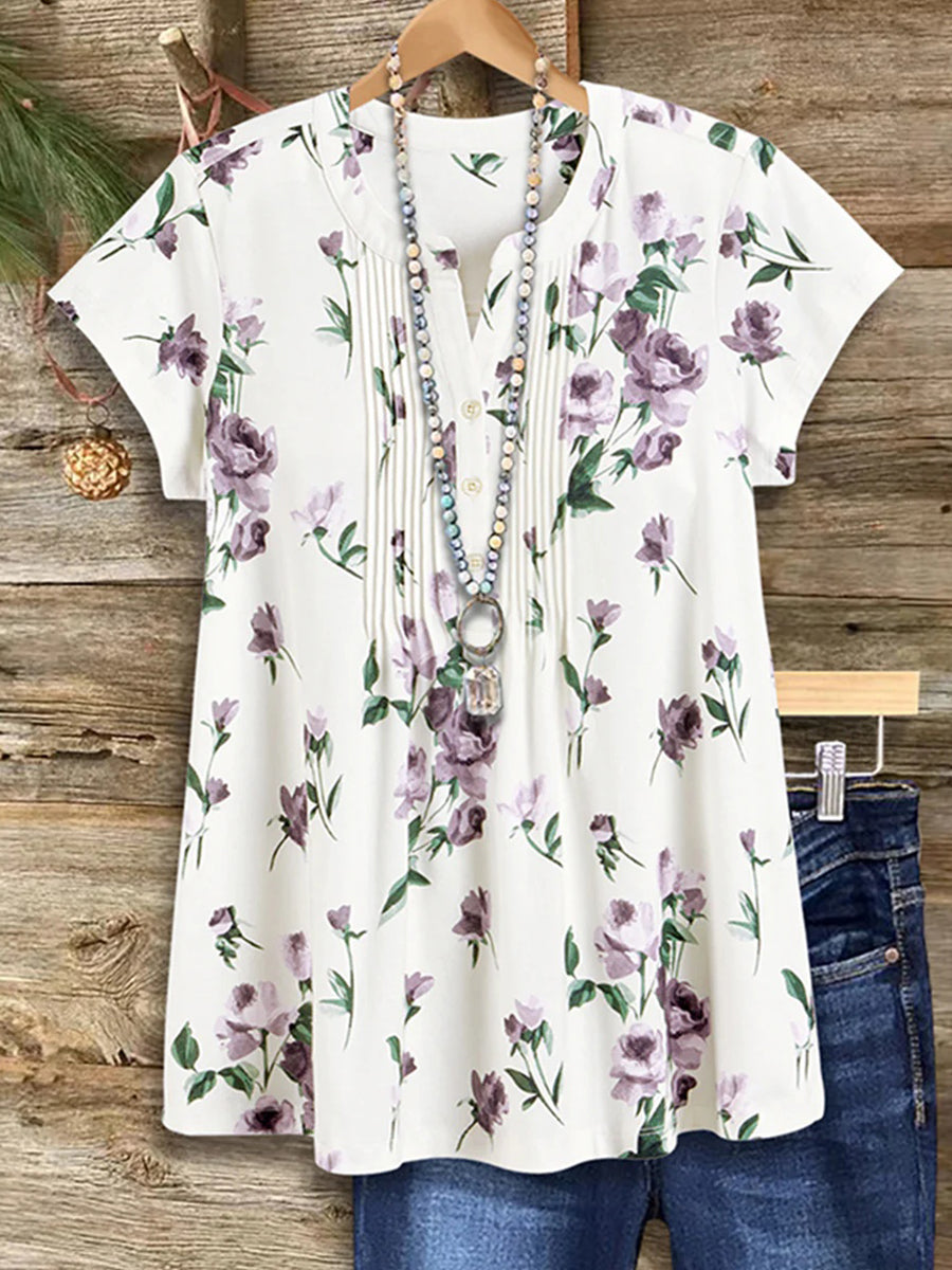 LilyWish Floral Print V-neck Short Sleeve Top