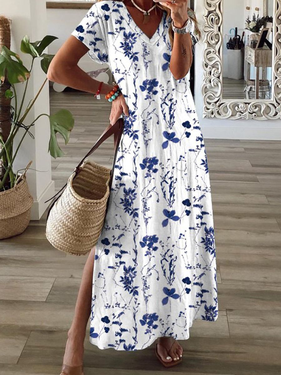 White Casual V Neck Floral Printed Short Sleeve Dress