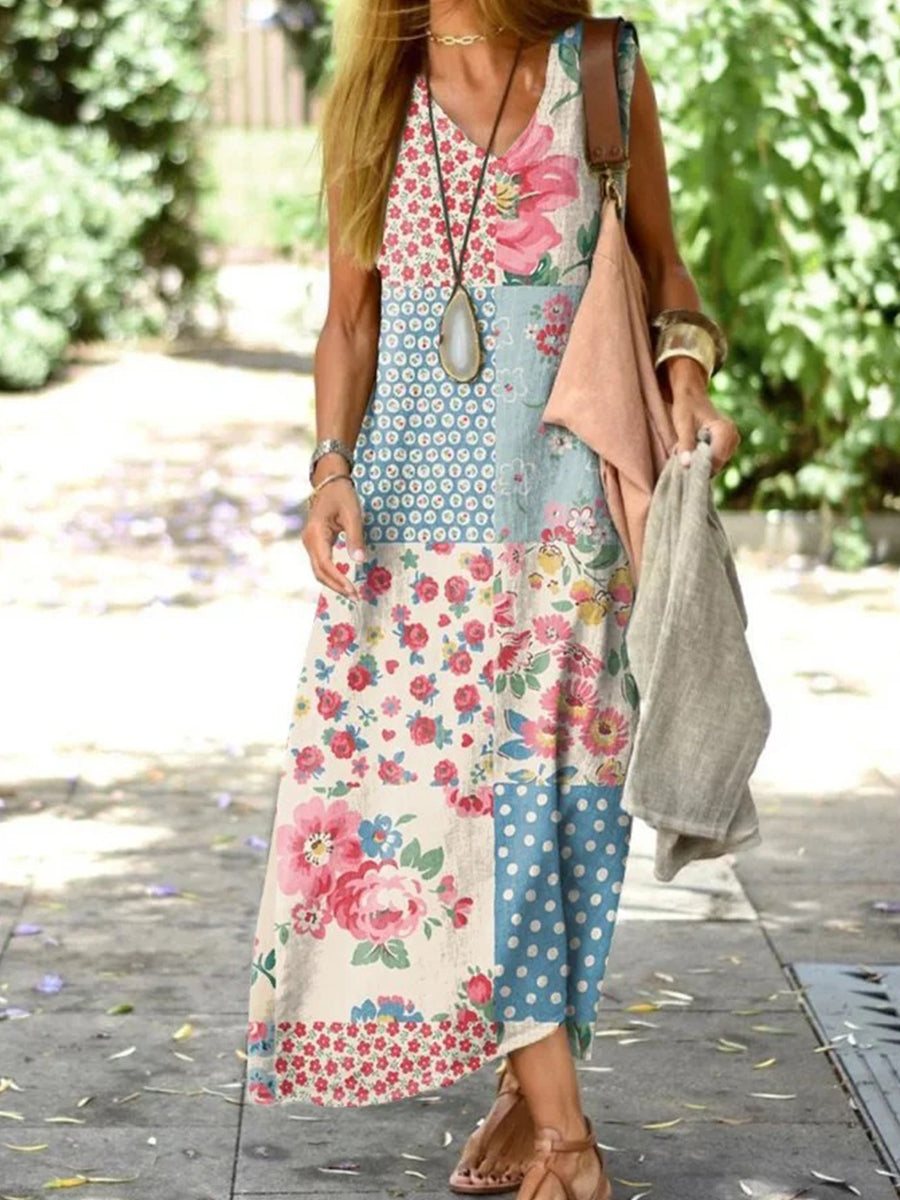 LilyWish Vacation Bohemian Retro Floral Sleeveless V-Neck Loose Dress