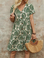 A-Line High Waisted Buttoned Pleated Printed Split-Joint V-Neck Mini Dress