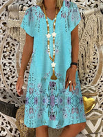 Casual Floral V Neck Short Sleeve Woven Mini Dress