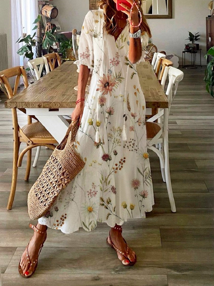 White Casual V Neck Floral Printed Short Sleeve Dress