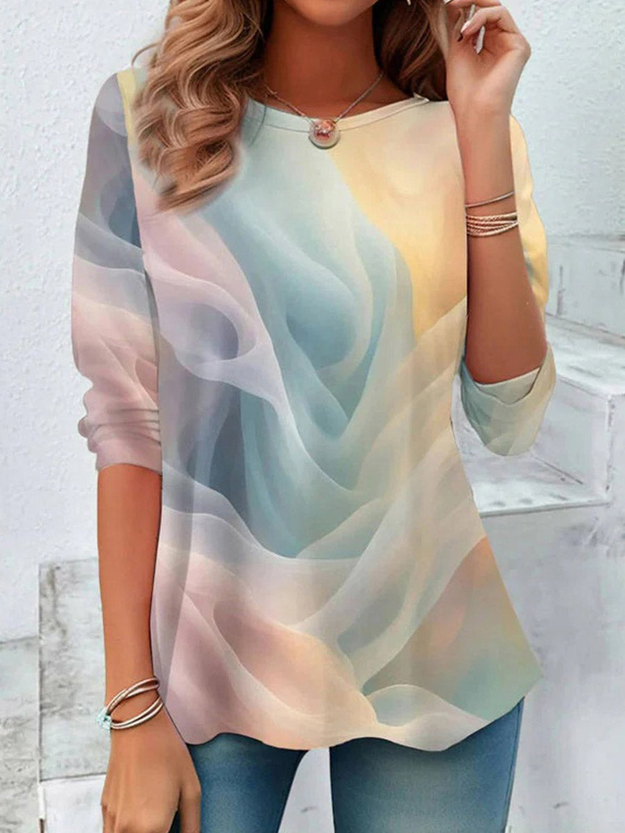 LilyWish Casual Gradient Round Neck Long Sleeve T-Shirt
