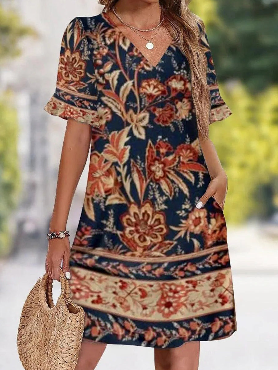 LilyWish Dreamy V-Neck Floral Print Short Sleeve Mini Dress
