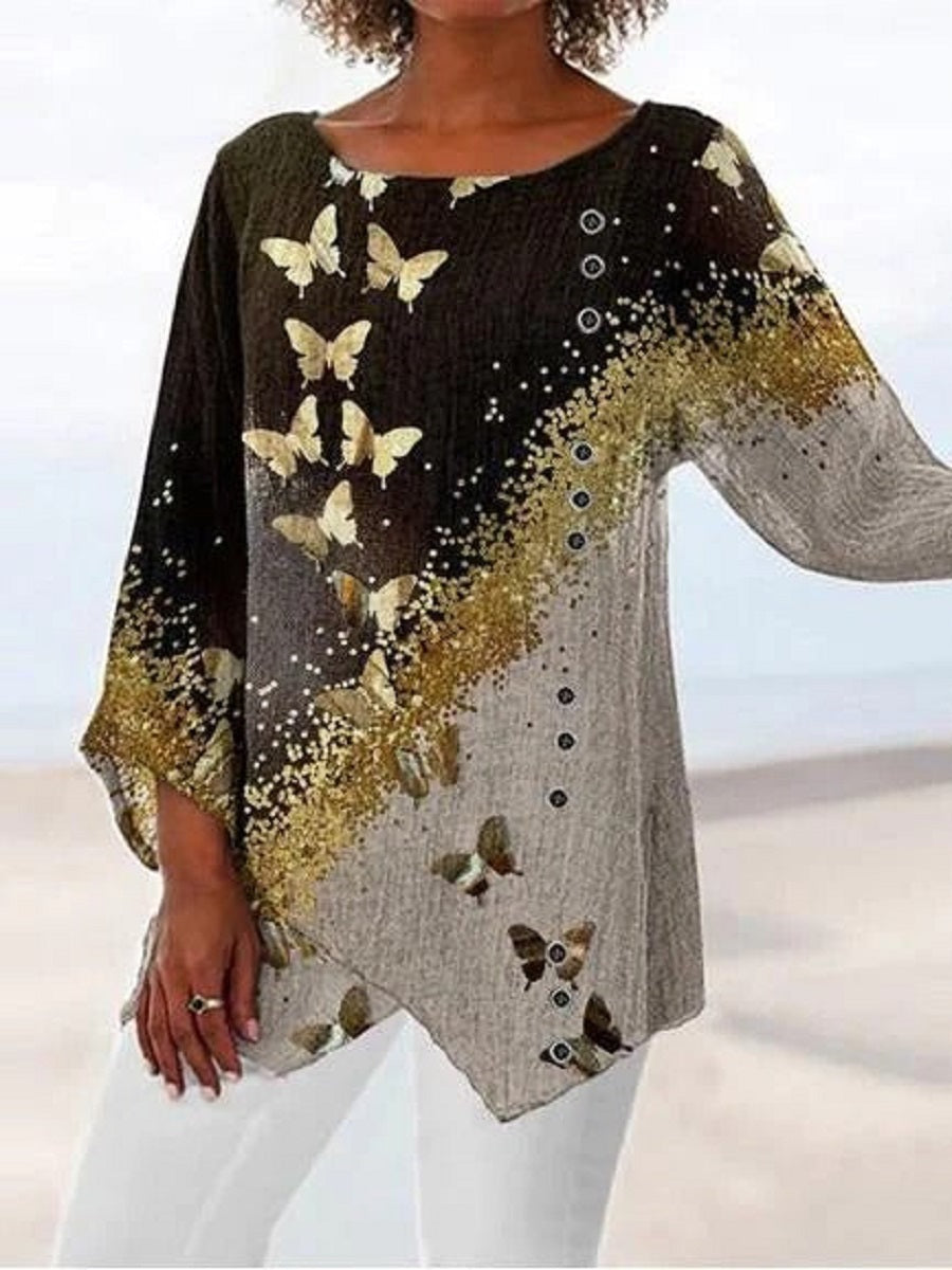 Colorful Casual Graphic Tops Round Neck Butterfly Printed Long Sleeve Blouse