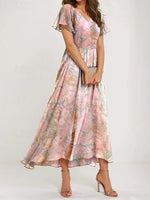 LilyWish Pink V-Neck Floral Print Maxi Dress