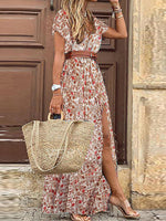 Red Floral V Neck Short Sleeve Maxi Dress